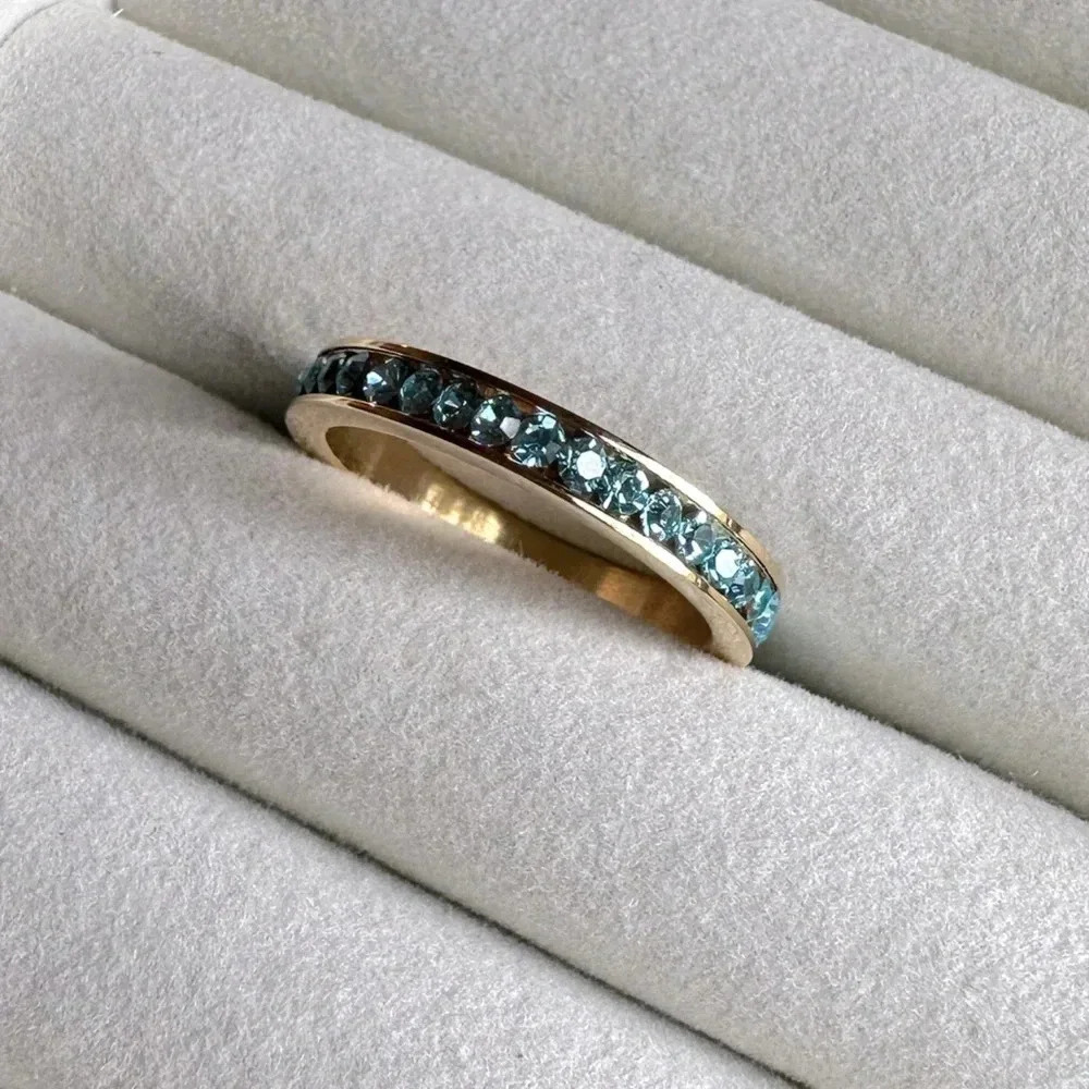 Aquamarine Colored CZ 18k Gold Stainless Steel Band Ring March Birthstone Blue - Picture 4 of 9